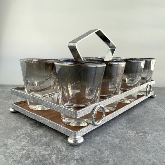 Vintage Silver Fade 8 Shot Glasses w/ Carrier Caddy MCM Barware - Picture 4 of 16